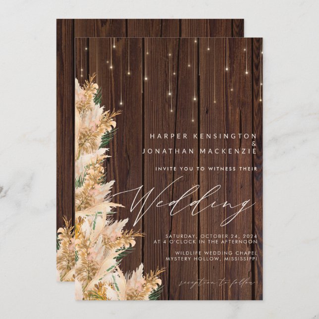 Invitation Boho Pampas Grass Twinkles lumières Mariage en boi (Devant / Derrière)
