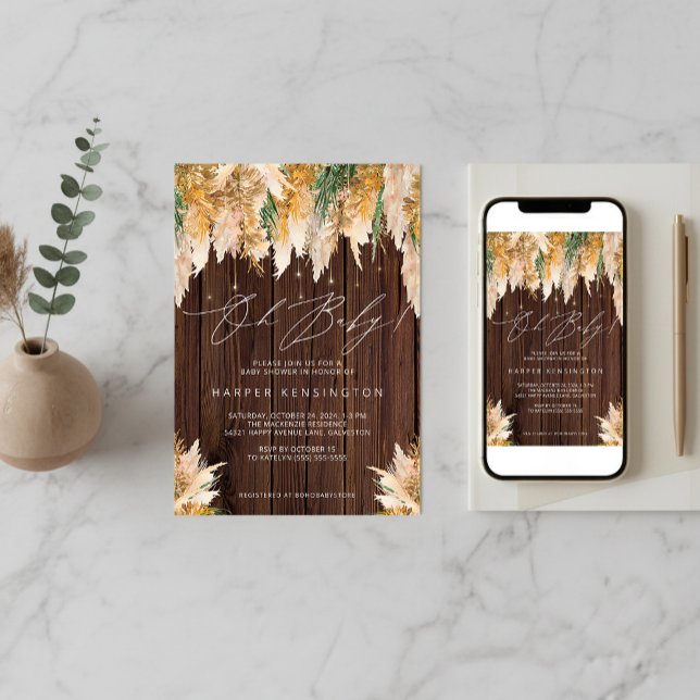 Invitation Boho Pampas Grass Wood Twinkle Lights Baby shower (Boho Pampas Grass Wood Twinkle Lights Baby Shower Invitation)