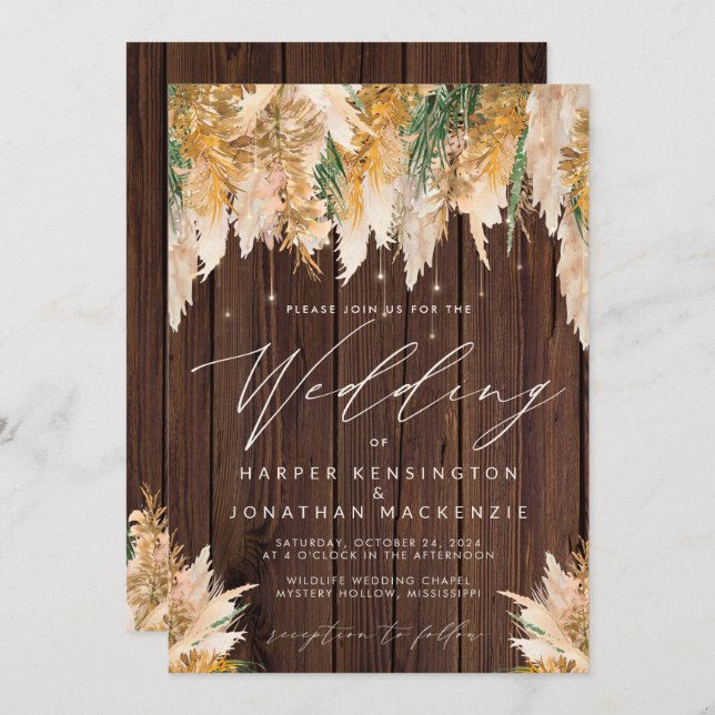 Invitation Boho Pampas Grass Wood Twinkle Mariage (Devant / Derrière)