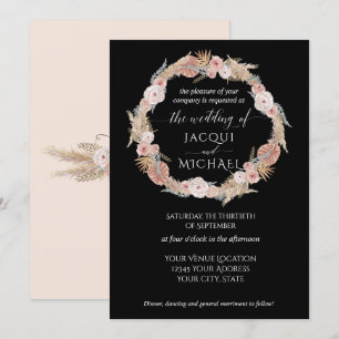 Invitation Boho Pampas Grass Wreath Tropical Black Floral