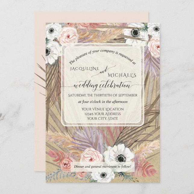 Invitation BOHO Pampas Herbe Blanc Floral Rustique Neutre (Devant / Derrière)