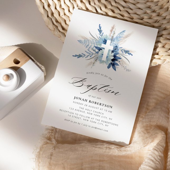Invitation boho pampas herbe bleu croix florale baptême (Créateur téléchargé)