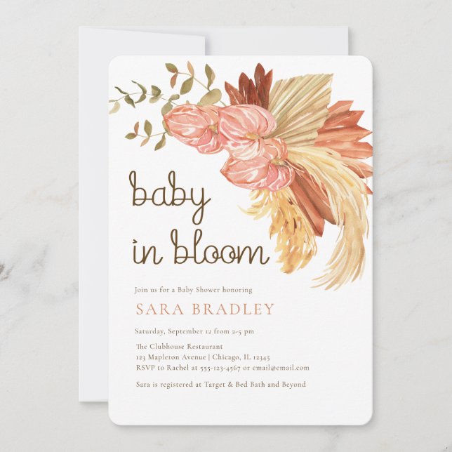 Invitation boho pampas herbe eucalyptus anthurium Baby shower (Devant)