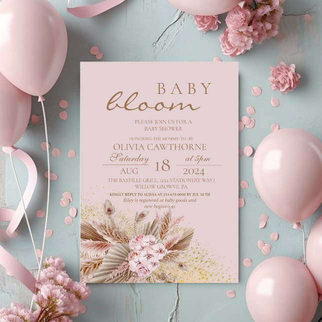 Invitation Boho Pampas Herbe Fleur Neutre Bébé Fille Douche (Créateur téléchargé)