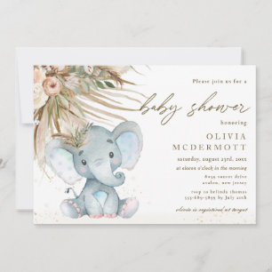 Invitation Boho Pampas Herbe Floral Elephant Baby shower Garç
