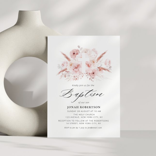 Invitation boho pampas herbe poussiéreuse rose croix florale  (Créateur téléchargé)