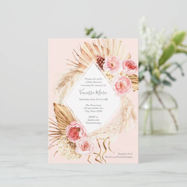 Invitation Boho Pampas herbe rose fleuri bébé douche (Debout devant)
