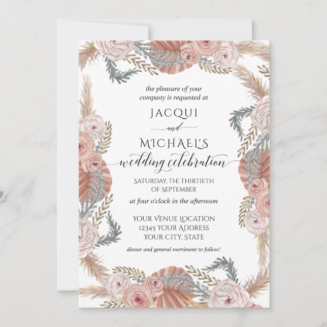 Invitation BOHO Pampas Herbe Tropical Aquarelle Flush (Devant)