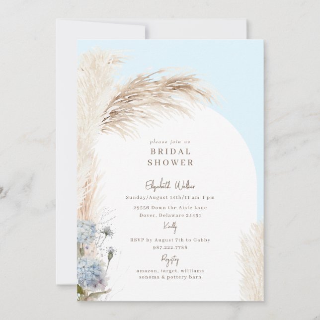 Invitation Boho Pampas Icy Fête des mariées Bleue (Devant)