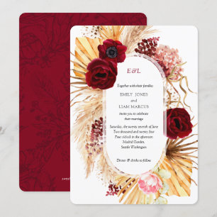 Invitation Boho Pampas moderne Grass Bourgogne Floral Mariage