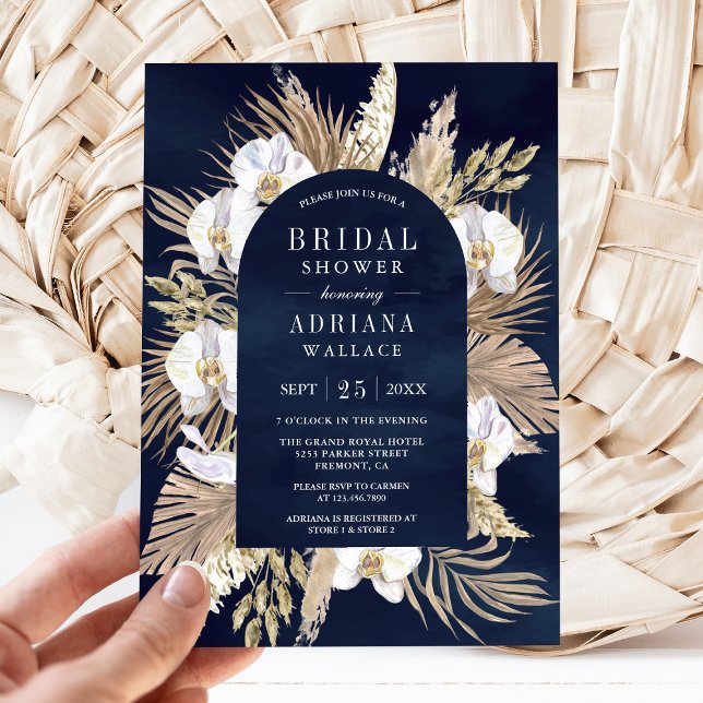 Invitation Boho Pampas Orchidée Blanche Bleu Nuit Baby Shower (Créateur téléchargé)