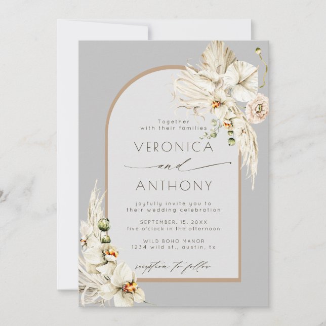 Invitation Boho Pampas Orchidée en herbe Floral Mariage Gris (Devant)