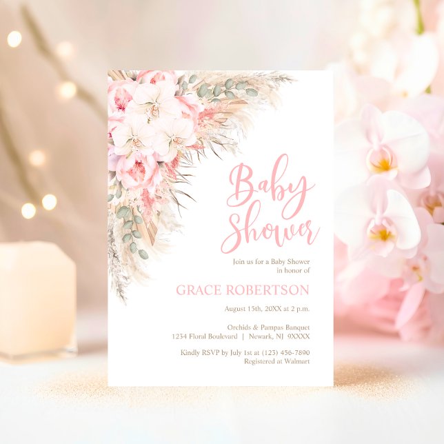 Invitation Boho Pampas Orchidées Peonies Baby shower neutre (Boho Pampas Orchids Peonies Pink Neutral Baby Shower Invitation)
