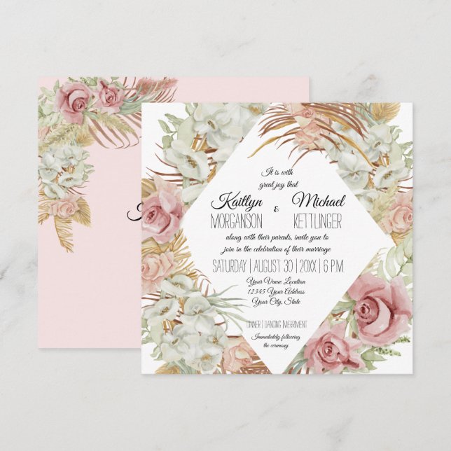 Invitation BOHO Pampas Palmier en laiton Feuillage Orchidée f (Devant / Derrière)