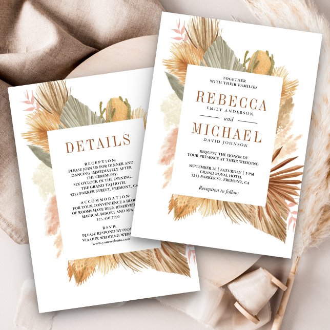 Invitation Boho Pampas Palmier Séché Tout en Un Mariage (Créateur téléchargé)