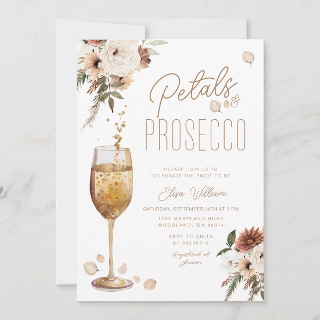 Invitation Boho Pampas Pétales et Fête des mariées Prosecco (Devant)