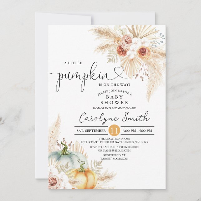 Invitation Boho Pampas Petit Baby shower Citrouille (Devant)