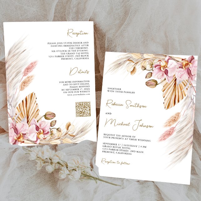 Invitation Boho Pampas Pink Orchid Floral QR Code Mariage (Créateur téléchargé)