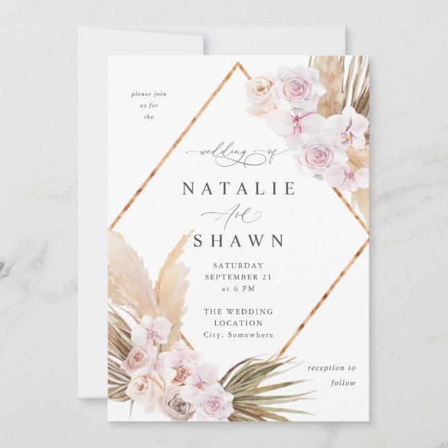 Invitation Boho Pampas Plage de Herbe Mariage Floral 2 Or (Devant)