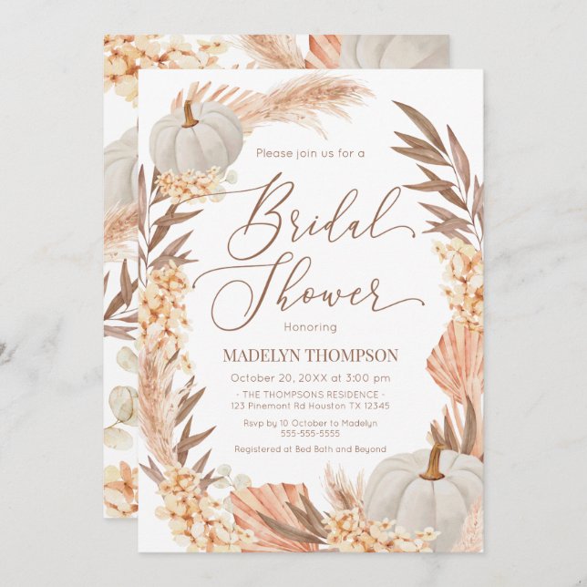 Invitation Boho Pampas Pumpkin White Bridal Shower (Devant / Derrière)
