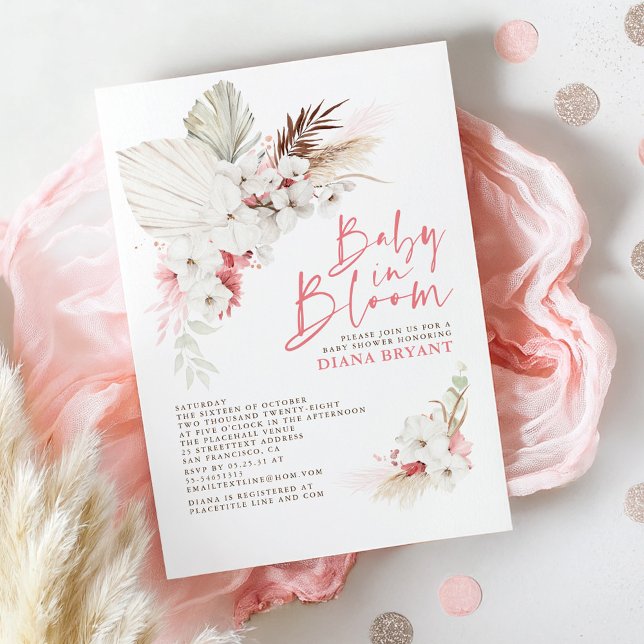 Invitation Boho Pampas Rose Floral Baby shower en herbe Invit (Baby in Bloom Pink Baby Shower Invitations Boho)