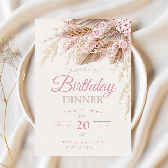 Invitation Boho Pampas rose moderne chic fille d'anniversaire (Créateur téléchargé)