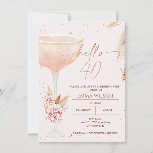Invitation Boho Pampas Rose Or Bonjour 40 Anniversaire (Devant)