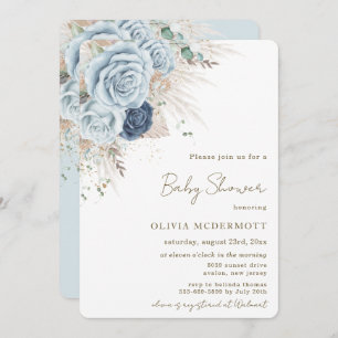 Invitation Boho Pampas Rustique Baby shower floral bleu doux