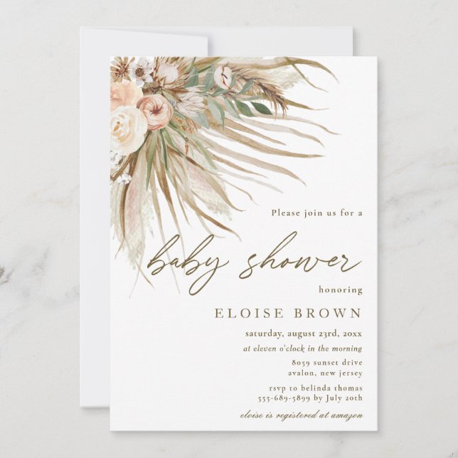 Invitation Boho Pampas Rustique Baby shower Floral Grass (Devant)