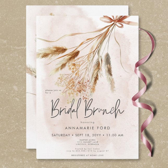 Invitation Boho Pampas rustique & Bouquet séché Brunch nuptia (Boho Rustic Pampas & Dried Bouquet Bridal Brunch Invitation)