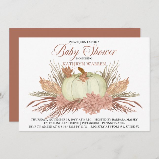 Invitation Boho Pampas rustique Grass |Baby shower fille Citr (Devant / Derrière)