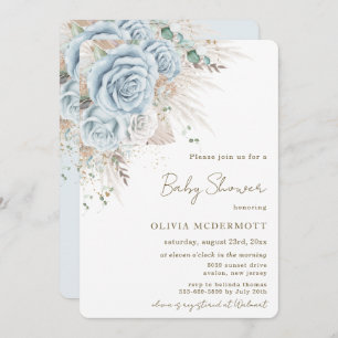 Invitation Boho Pampas Rustique Pastel Baby shower Floral Ble