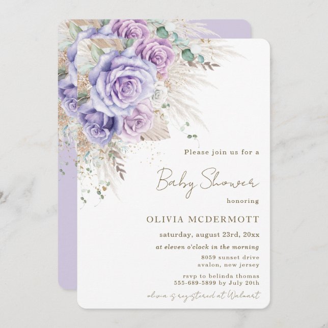Invitation Boho Pampas Rustique Purple Floral Girl Baby showe (Devant / Derrière)