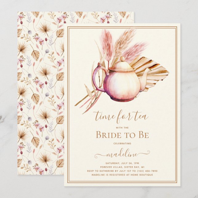 Invitation Boho Pampas Tea Party Fête des mariées (Devant / Derrière)