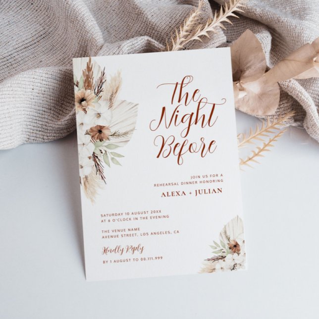Invitation boho pampas terracotta dîner de répétition florale (Créateur téléchargé)