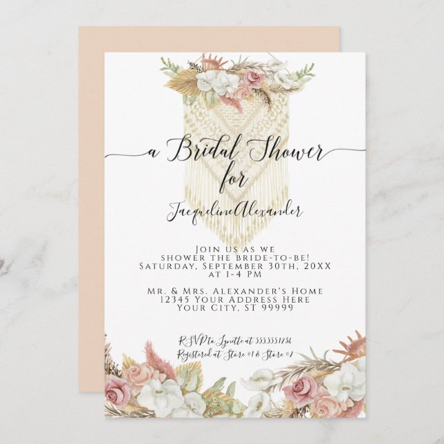 Invitation Boho Pampas Tropical Grass Fête des mariées Floral (Devant / Derrière)