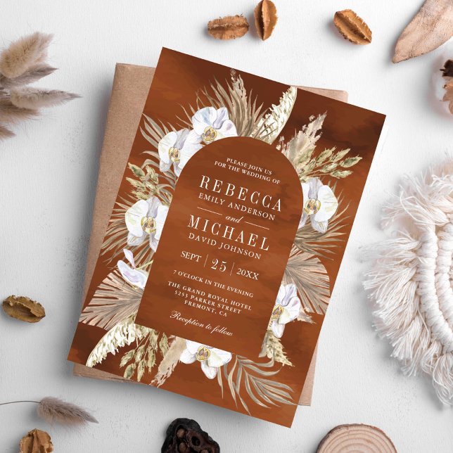 Invitation Boho Pampas White Orchid Dried Palm Earthy Wedding (Créateur téléchargé)