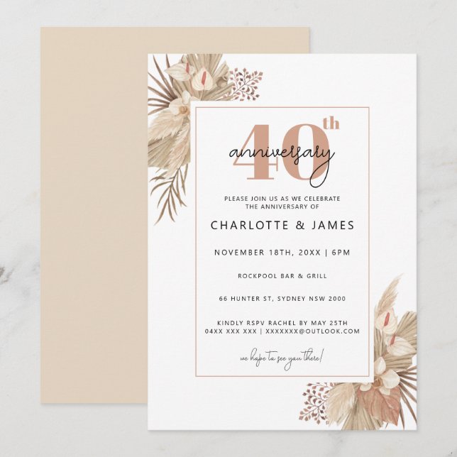 Invitation Boho Pampass Grass 40e anniversaire de mariage (Devant / Derrière)