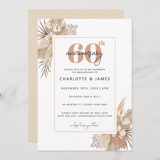 Invitation Boho Pampass Grass 60e anniversaire de mariage (Devant / Derrière)