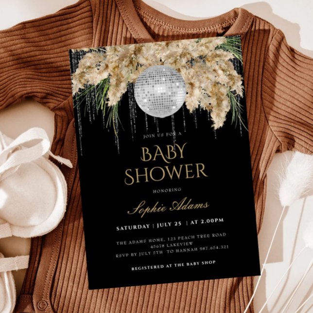 Invitation Boho Papmas Grass Disco Ball Baby shower noir (Créateur téléchargé)