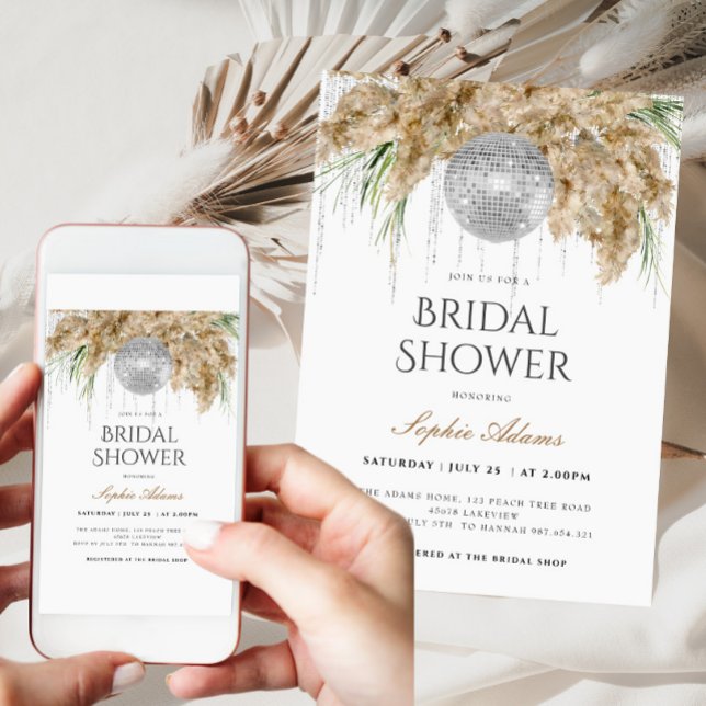 Invitation Boho Papmas Grass Disco Ball Fête des mariées (Créateur téléchargé)