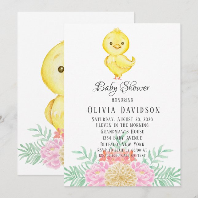 Invitation Boho Pâques Poulet Aquarelle Baby shower de fleurs (Devant / Derrière)