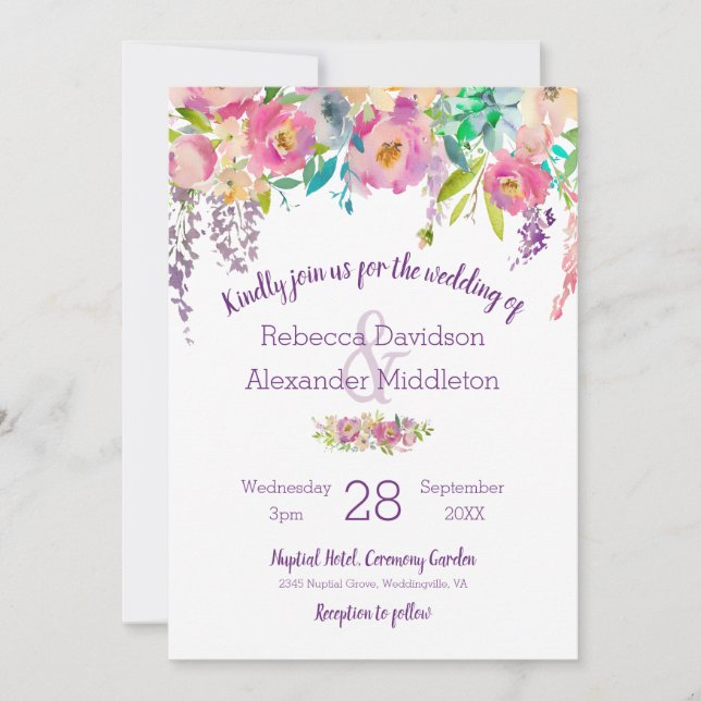 Invitation Boho Pastel Aquarelle Florale Mariage (Devant)