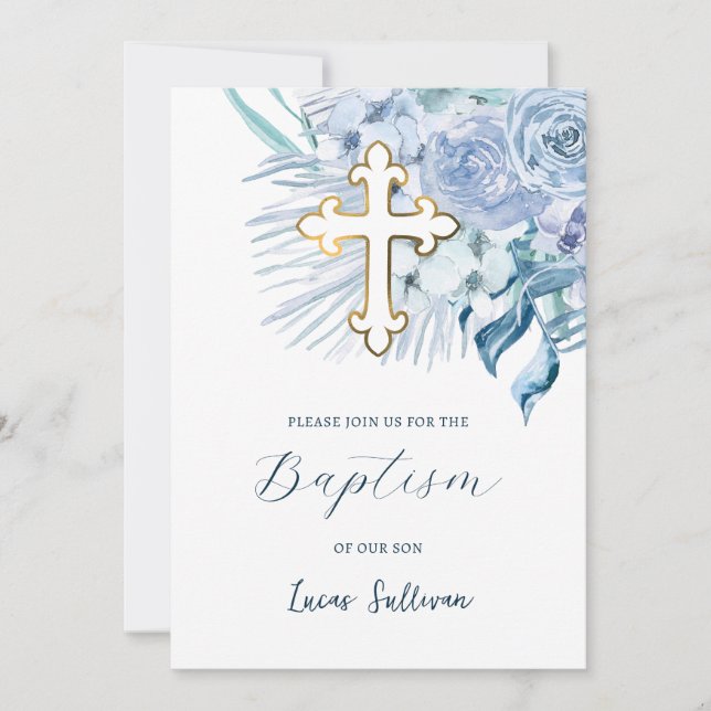 Invitation Boho Pastel Baptême Bleu (Devant)
