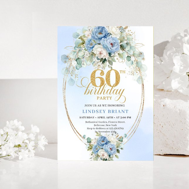 Invitation Boho Pastel blue peony greenery gold 60th birthday (Pastel blue peony greenery gold 60th birthday invitation)