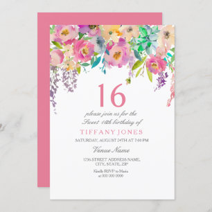Invitation Boho Pastel Fleurs aquarelles 16ème fête d'anniver