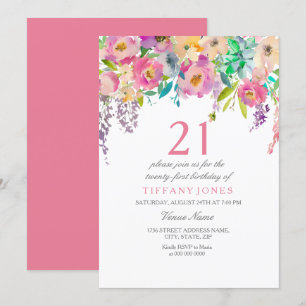 Invitation Boho Pastel Fleurs aquarelles 21ème fête d'anniver