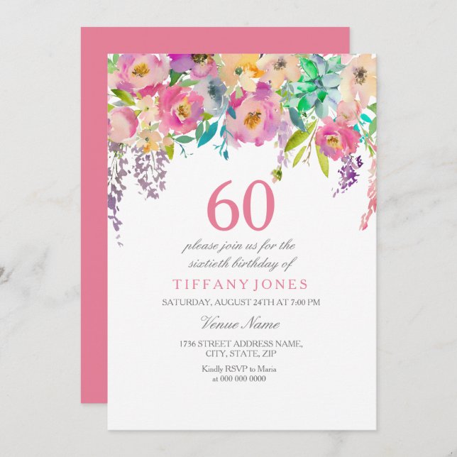 Invitation Boho Pastel Fleurs d'aquarelle 60e fête d'annivers (Devant / Derrière)