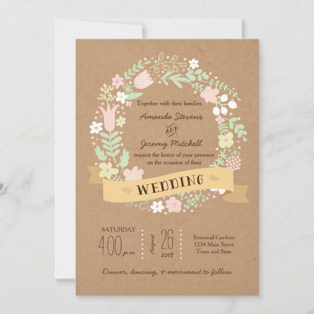 Invitation Boho Pastel Floral Wreath Russe Mariage (Devant)