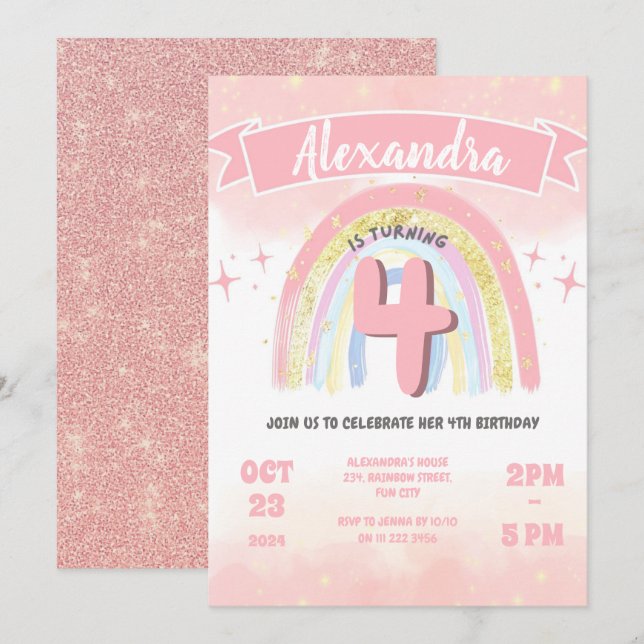 Invitation Boho Pastel Rainbow 4th Birthday Girl Parties scin (Devant / Derrière)